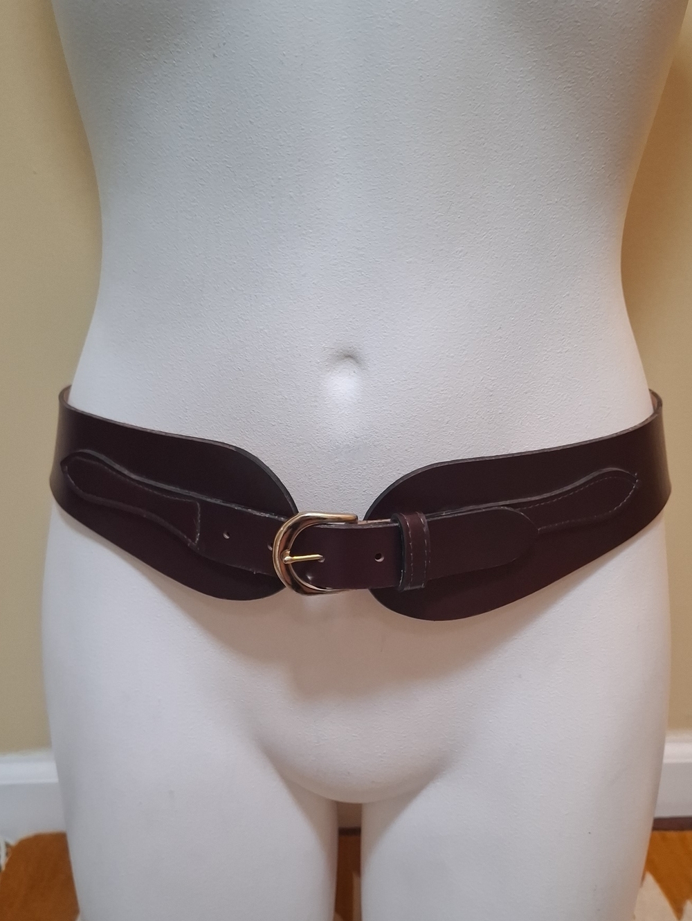 Wide Women's Vegan Leather Waist Belt in Dark Brown with Gold Buckle